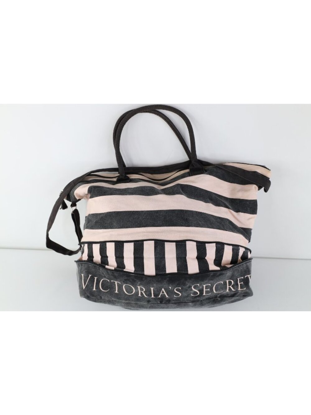 Vtg Y2K Babydoll Victoria's Secret Faded Spell Out Striped Expandable Tote Bag